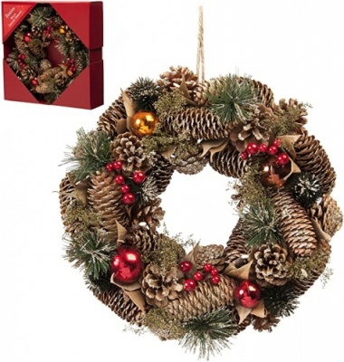 Festive 30cm Gold Pinecone & Red Berries Wreath in Box P027749