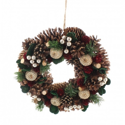 Festive 30cm Red Roses & Pinecone Wreath in Box P036993